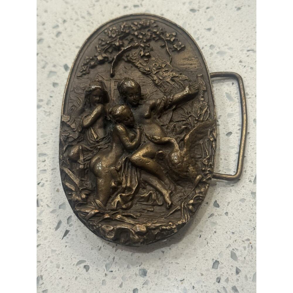Vintage Art Nouveau Bergamot Brass Works Belt Buckle Leda & the Swan A-180